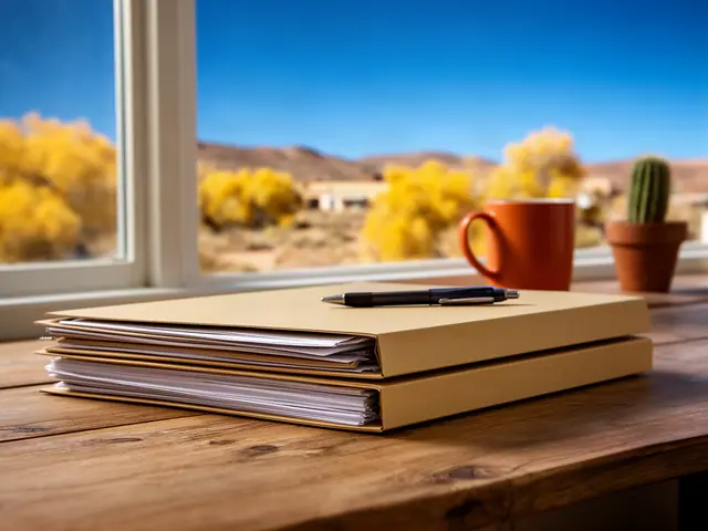 A neat stack of closed manila folders and a pen on a desk by a window.