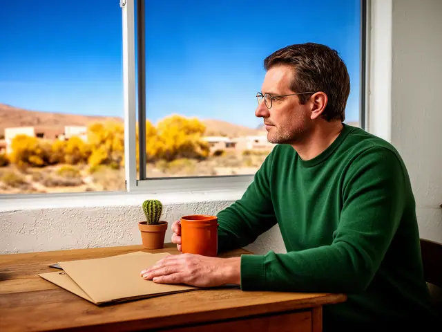 A man with short brown hair and wire-rimmed glasses at a desk with a folder and a mug in a small back office.