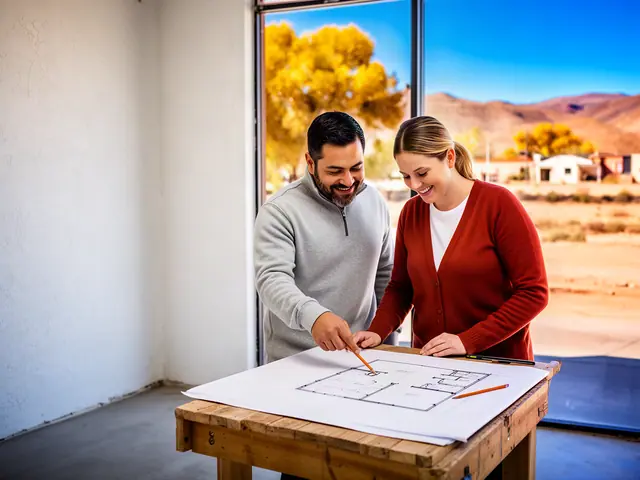 Two business partners looking over a pencil floor sketch in an empty storefront.