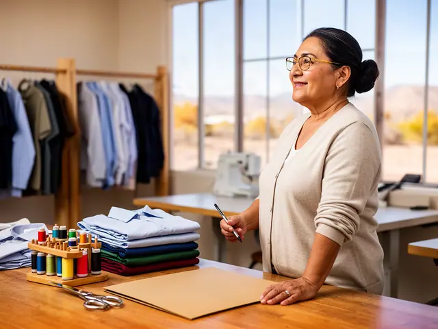A woman with dark hair in a low bun and gold-framed glasses at a work table.
